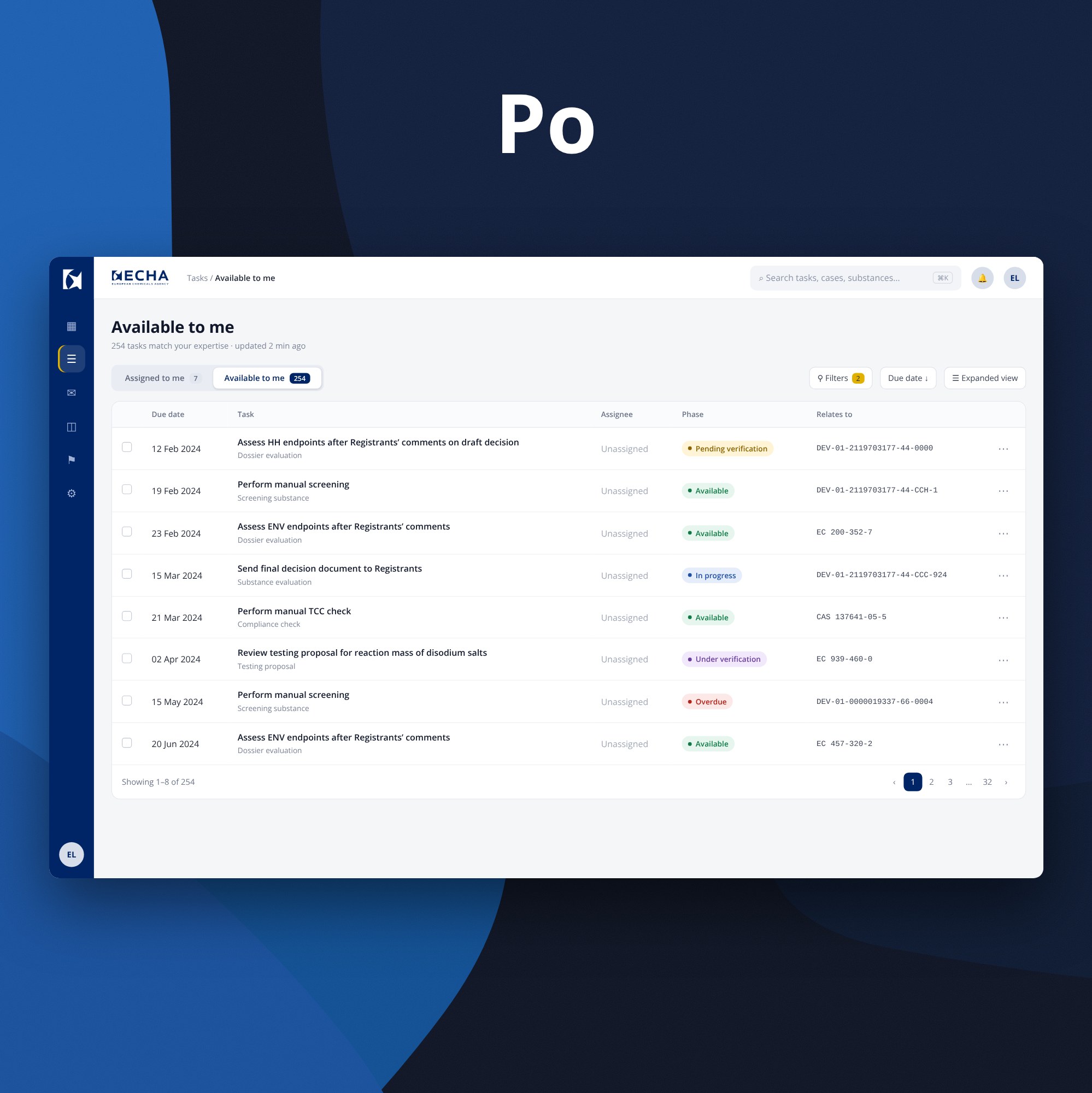 ECHA task hub – redesigned interface