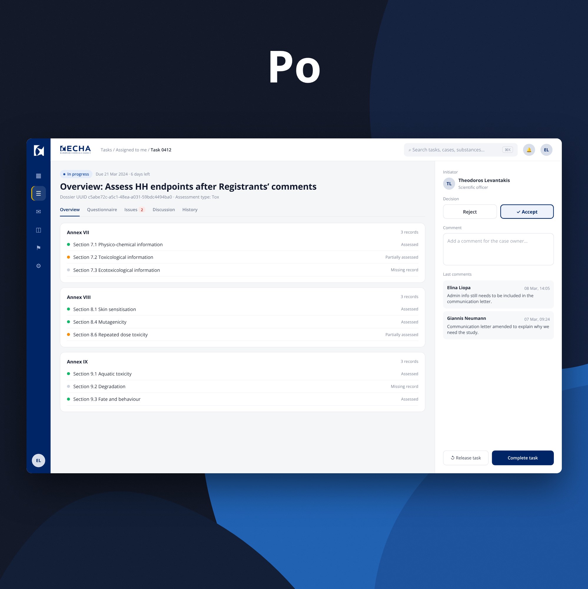 ECHA task hub – redesigned interface